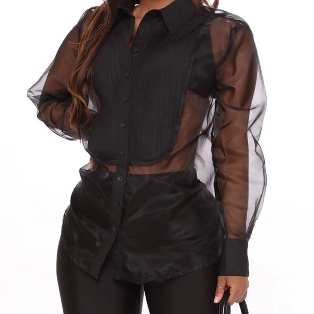 Tuxedo Blouse with Sheer sleeves